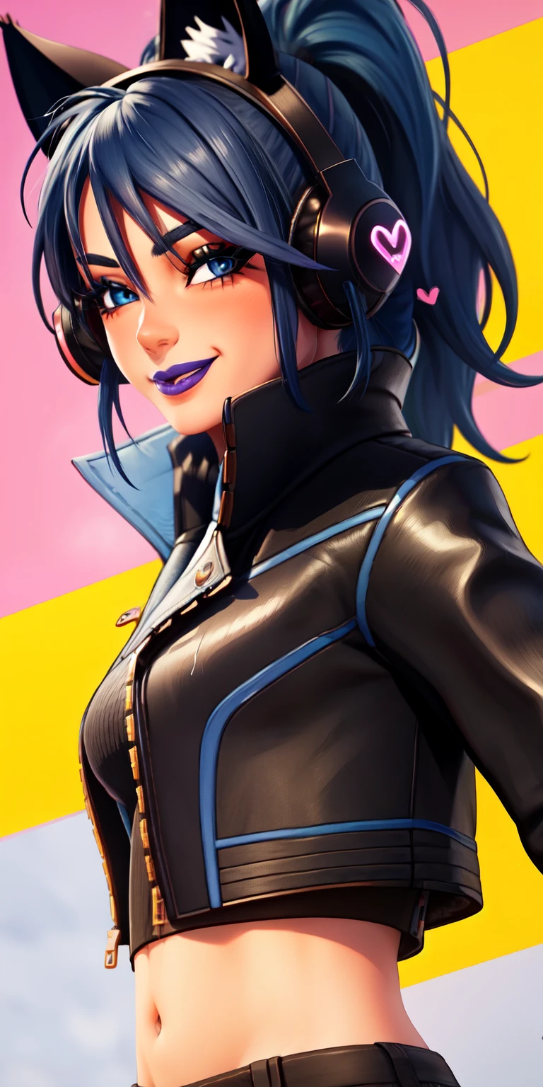 1girl,blue hair, ponytail, blue eyes, eyeshadow, (blush:1.1),upper body, heart,(speed lines:1.1), heart, black jacket, jacket crop top, navel cat ears headphones, black crop top, purple lips, smile, looking at viewer, facing viewer, wink