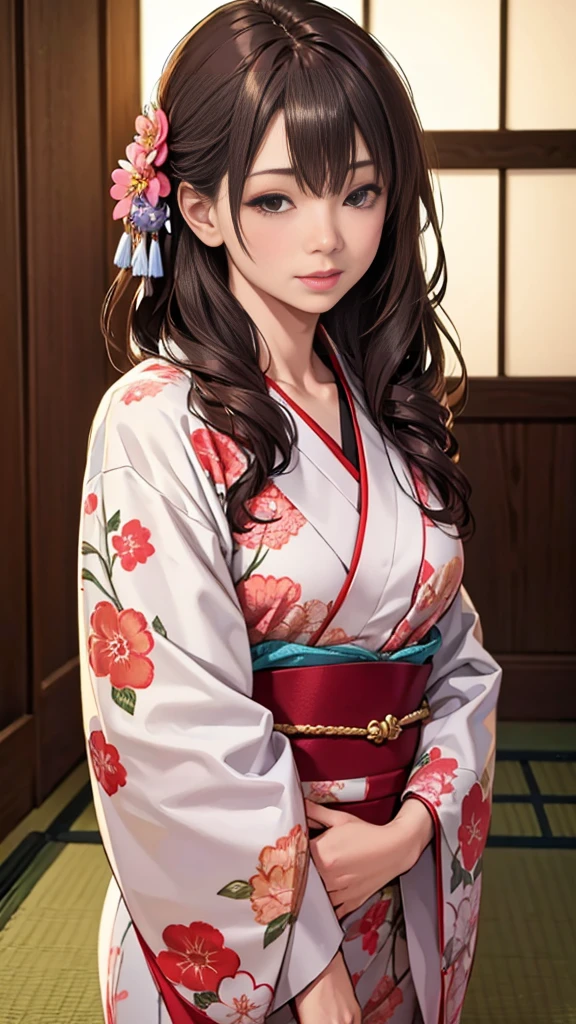 beautiful woman in floral kimono、small、I see a red bra、beautiful face、Eyes with a strong will、Medium Long、Brown Hair、Tatami room、Traditional Japanese room、8K quality、Best Quality、masterpiece, Ultra-high resolution, (Realistic:1.4), RAW Photos)、High quality drawings、Ultra HD、super high quality、Ultra-fine drawing、Ultra-detailed、Very detailed、In detail、Realistic、beautiful、Supreme beauty、Dark colors、Natural soft light、Very detailed image、Very detailed詳細、Best Shot、Overall image、Best Quality, masterpiece:1.4、