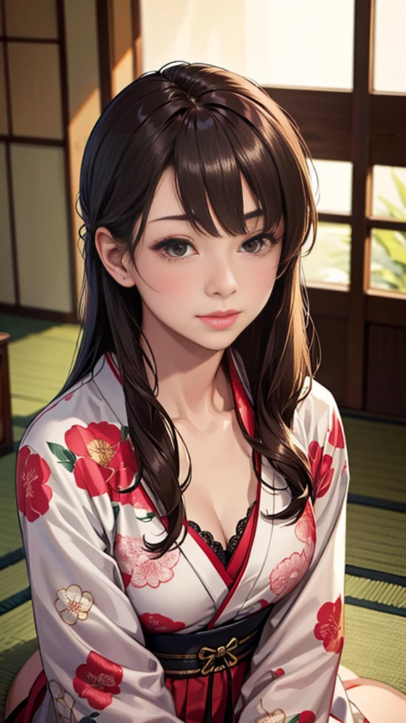 beautiful woman in floral kimono、small、I see a red bra、beautiful face、Eyes with a strong will、Medium Long、Brown Hair、Tatami room、Traditional Japanese room、8K quality、Best Quality、masterpiece, Ultra-high resolution, (Realistic:1.4), RAW Photos)、High quality drawings、Ultra HD、super high quality、Ultra-fine drawing、Ultra-detailed、Very detailed、In detail、Realistic、beautiful、Supreme beauty、Dark colors、Natural soft light、Very detailed image、Very detailed詳細、Best Shot、Overall image、Best Quality, masterpiece:1.4、