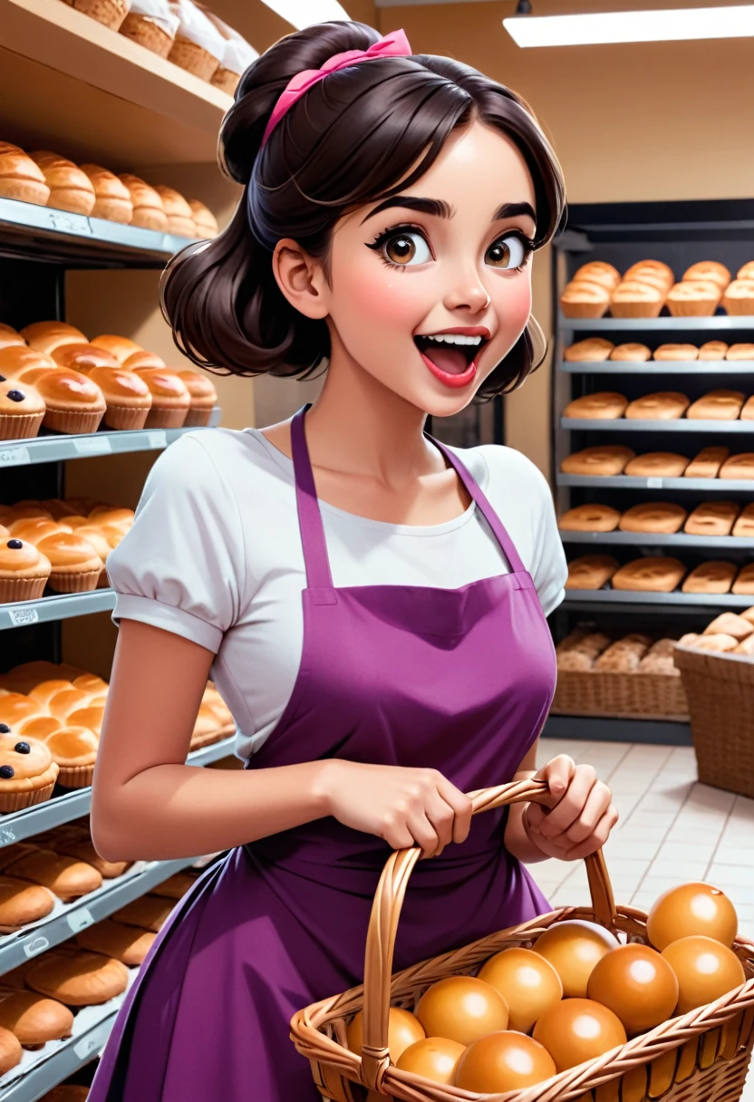 Cheeky girl with a shopping basket in her hand, speaking mouth, background in a bakery.
