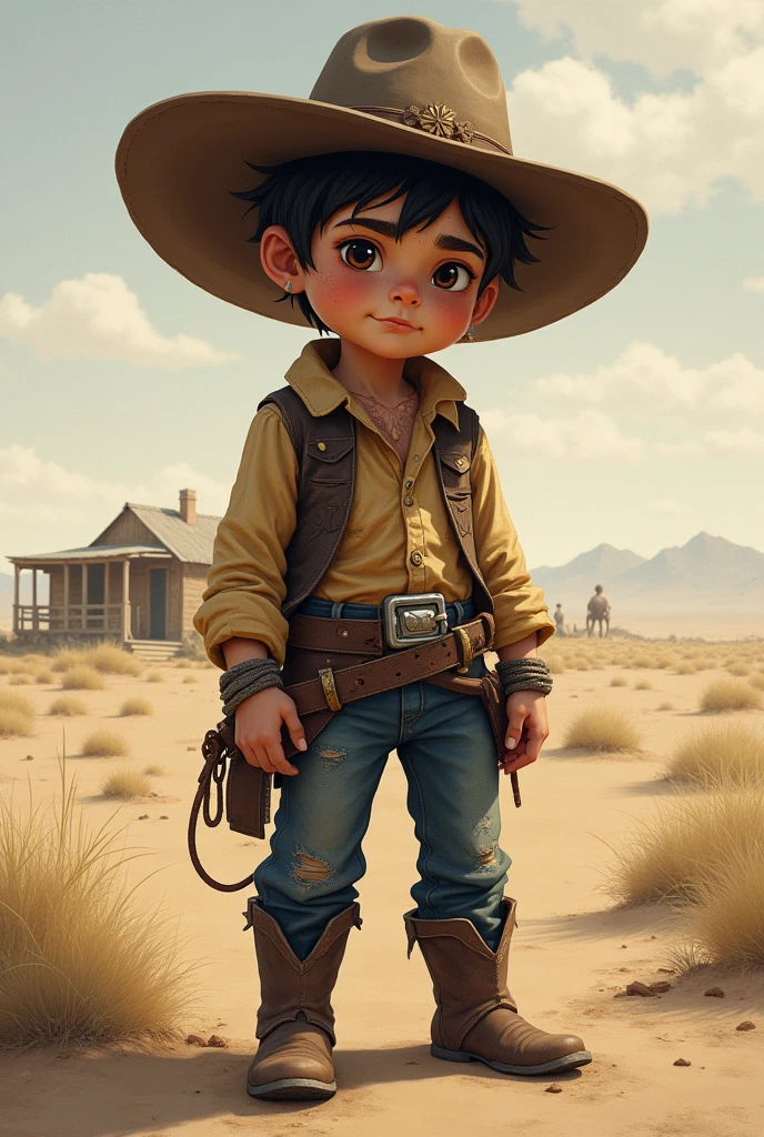 An attractive boy dressed as a dark-skinned cowboy and with a golden revolver in his holster 