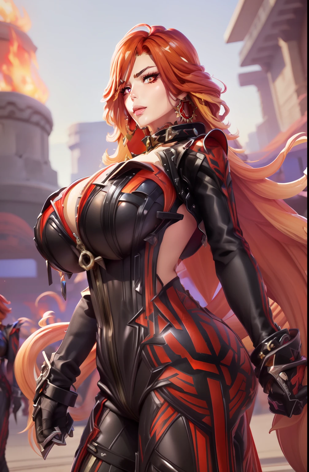 Red skin, 黑The eye, Flame hair, (tmasterpiece, Best quality at best), 1个Giant Breast Girl, humongous large breast, The demons, Fluttering, tight gymsuit,