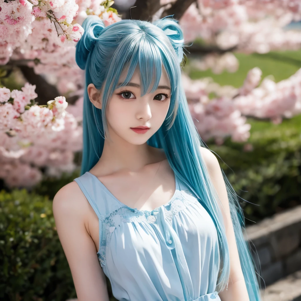 Hatsune Miku-like hairstyle、Her hair is a light blue color.、The hair is super long、Body shape is slender、Beautiful makeup、Japanese beauty、The chest is nearly flat、20 years old、Spring Outfits、Outdoor、A depressed look