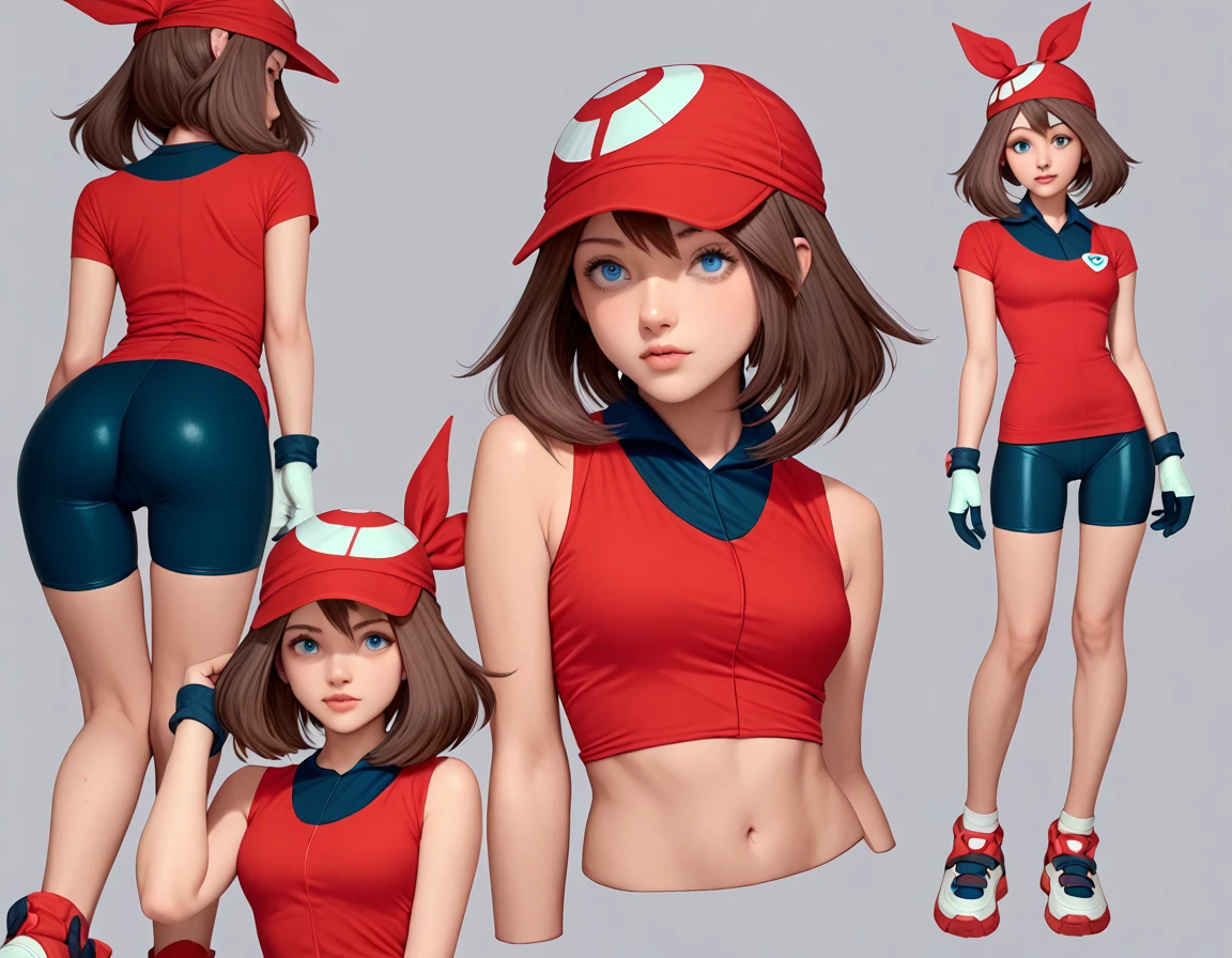 1girl,zzMay, solo, brown hair, blue eyes, medium hair,perfect,red shirt, bike shorts, red bandana, red shirt, gloves,skirt,full body,multiple views,