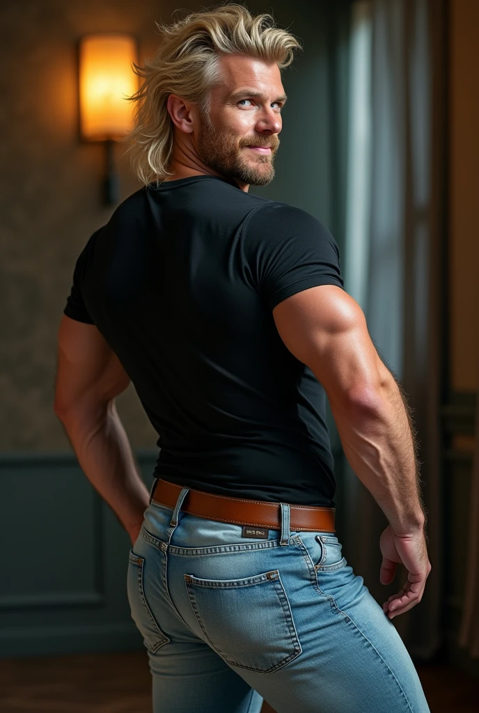 There is a man with a long beard standing in a room, punk shaman, shirtless technoviking man, photographed from behind, taken with a camera from the 2010s, very long white beard and hair, looking to the side, wearing clothes of a caveman, conversing with a feline-looking space being