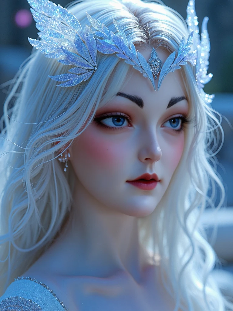 a worshiper of Azura, beautiful woman with elegant white dress, detailed facial features, glowing blue eyes, intricate elven headpiece, ethereal and serene expression, detailed skin texture, flowing silver hair, divine light emanating from the figure, detailed jewelry and accessories, magical aura surrounding the subject, photorealistic, highly detailed, 8k, masterpiece