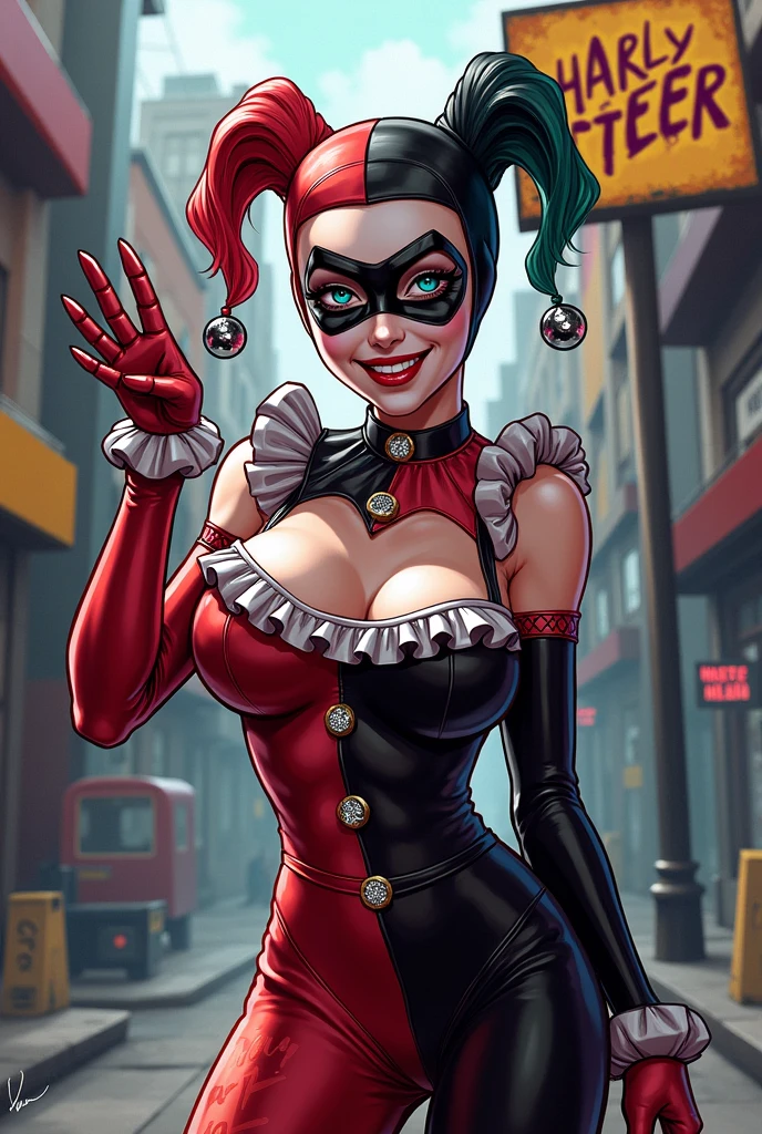 harley quinn with hazbin hotel style, but with a new cut