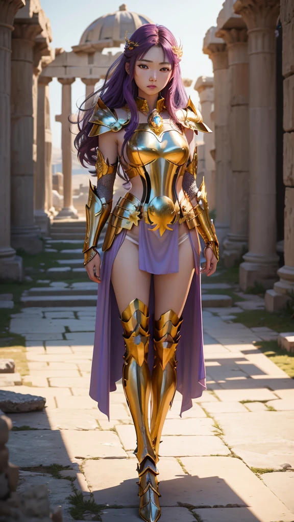 
((1woman))) Beautiful Korean girl, Ultra-realistic photoshoot with cutting-edge details by Camus, Greek ruins backdrop. Shiny golden metal armor, saint seiya armor, (((Cancer armor))), sexy armor, Show your waist, Show your leg, Long purple hair, Lively pose, Beautiful, symmetrical light brown eyes with details, Beautiful face with details, walking at the Ancient Greek, Ancient Greek, uhd, 8k