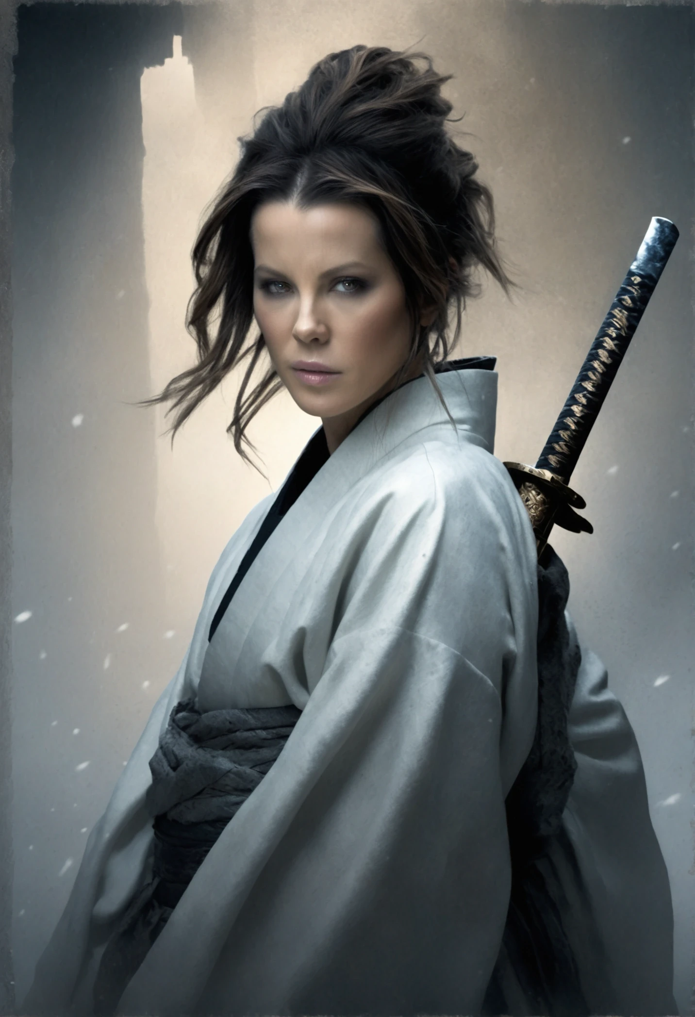 The enigmatic samurai woman (Kate Beckinsale) wielding a long Japanese sword, Splitting with each powerful slash、Enveloped in the mist that obscures vision, Revealing a vivid and otherworldly scene, The clarity of the sword's slash against the hazy background, Mysterious Background, The white fox's sharp gaze met the viewer's., A layer of ethereal mist shrouding the foreground, Piercing, clear eyes, An exquisite and detailed kimono, Dramatic lighting and colors