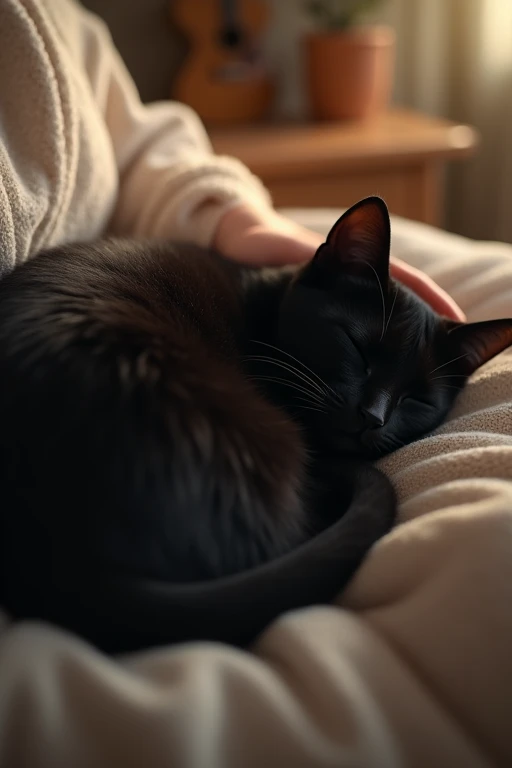 A small black cat sleeps in human arms