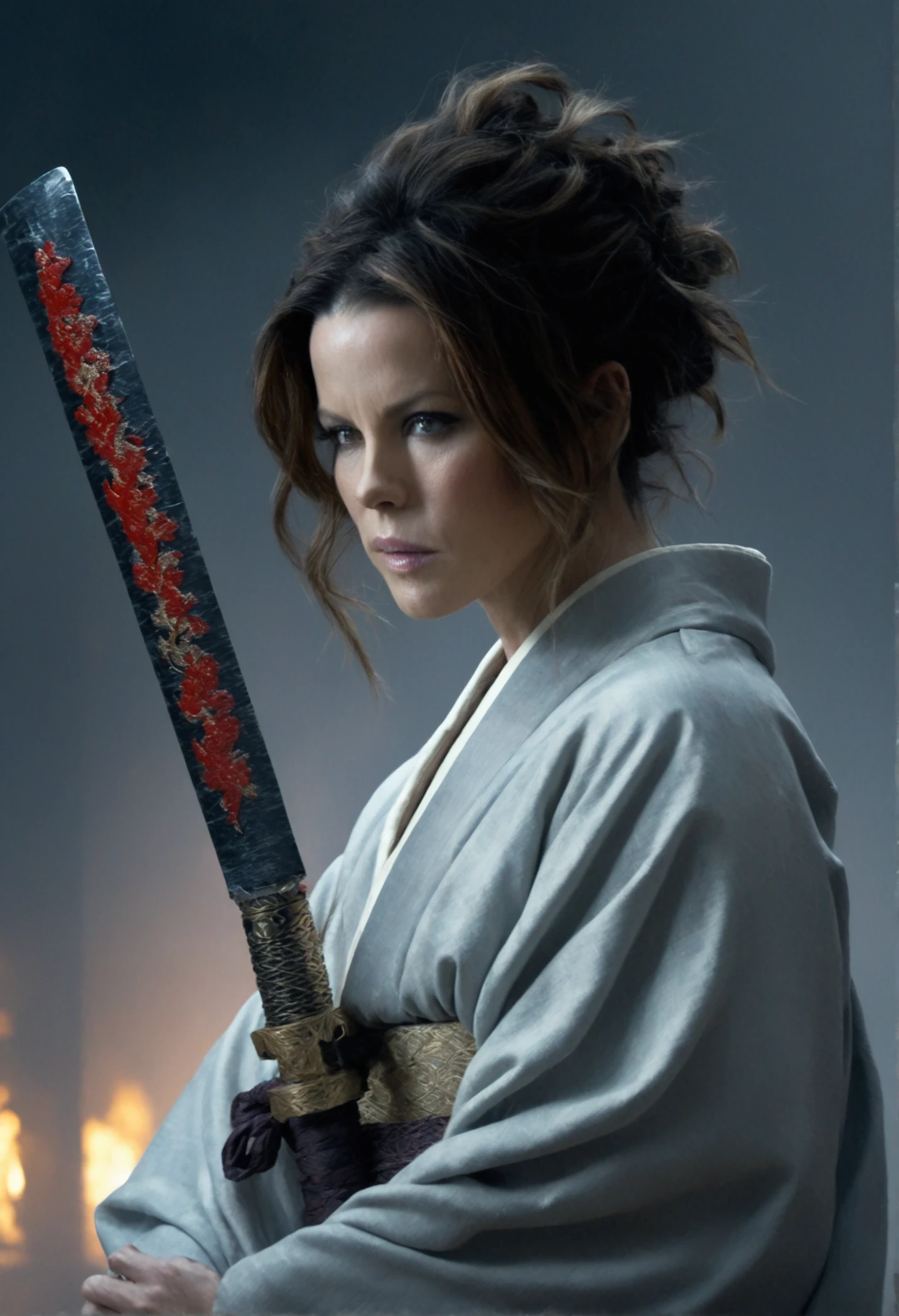 The enigmatic samurai woman (Kate Beckinsale) wielding a long Japanese sword, Splitting with each powerful slash、Enveloped in the mist that obscures vision, Revealing a vivid and otherworldly scene, The clarity of the sword's slash against the hazy background, Mysterious Background, The white fox's sharp gaze met the viewer's., A layer of ethereal mist shrouding the foreground, Piercing, clear eyes, An exquisite and detailed kimono, Dramatic lighting and colors