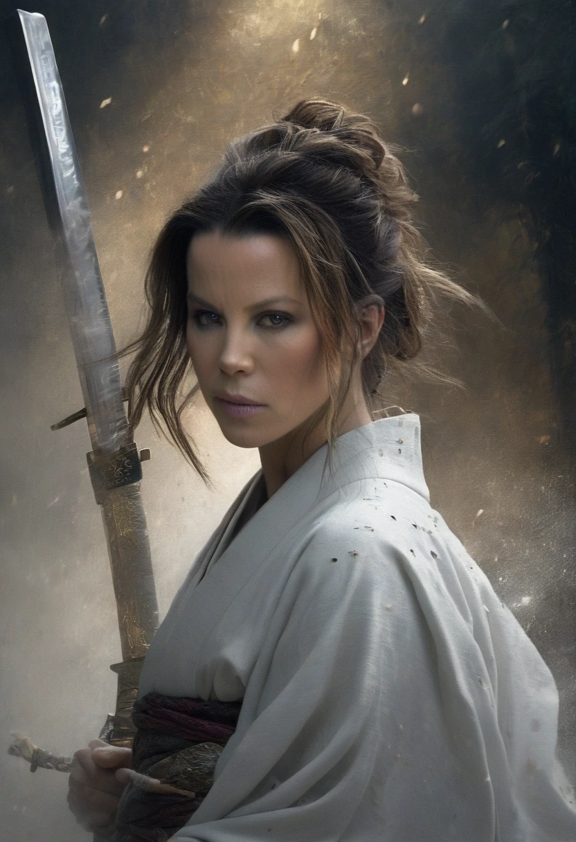 The enigmatic samurai woman (Kate Beckinsale) wielding a long Japanese sword, Splitting with each powerful slash、Enveloped in the mist that obscures vision, Revealing a vivid and otherworldly scene, The clarity of the sword's slash against the hazy background, Mysterious Background, The white fox's sharp gaze met the viewer's., A layer of ethereal mist shrouding the foreground, Piercing, clear eyes, An exquisite and detailed kimono, Dramatic lighting and colors