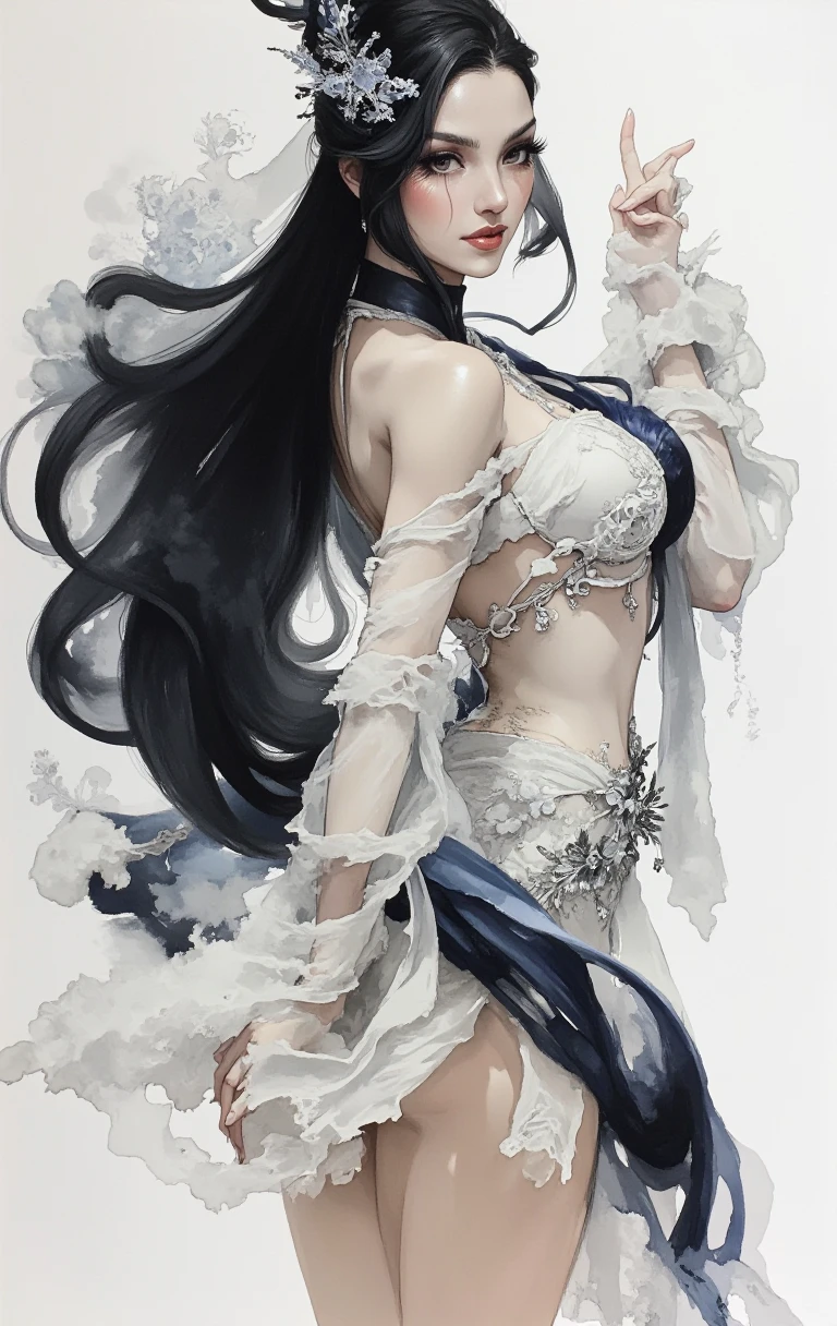 Geisha sexy demon black and white drawing
