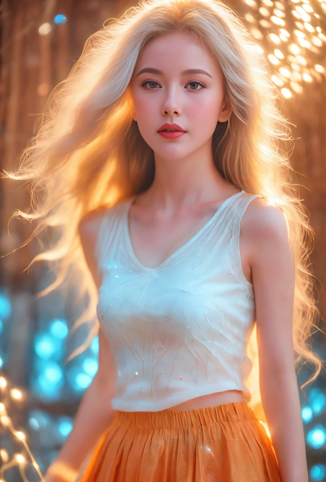 (Woman in a sleeveless shirt with white pleated decoration and a red pleated skirt), Surrealism, (Beautiful face_Delicate features, Clear and pale skin), (Girl of light_Body lines made of transparent luminous bodies), (Gem_Particles, Outline: 1.2), Light_Lines, Light, (Girl made of light lines: 1.3, Wearing light lines), Density of lines, (Dazzling white blonde hair_Messy thick wavy hair, Light lines), Dynamic pose capture in front of an orange wall with direct sunlight, (Best quality, 16K, High resolution, Masterpiece: 1.2), Highly detailed, (More realistic details: 1.37), HDR Ultra HD, Sharp focus, Physically based rendering, Highly detailed, Professional, Vivid colors