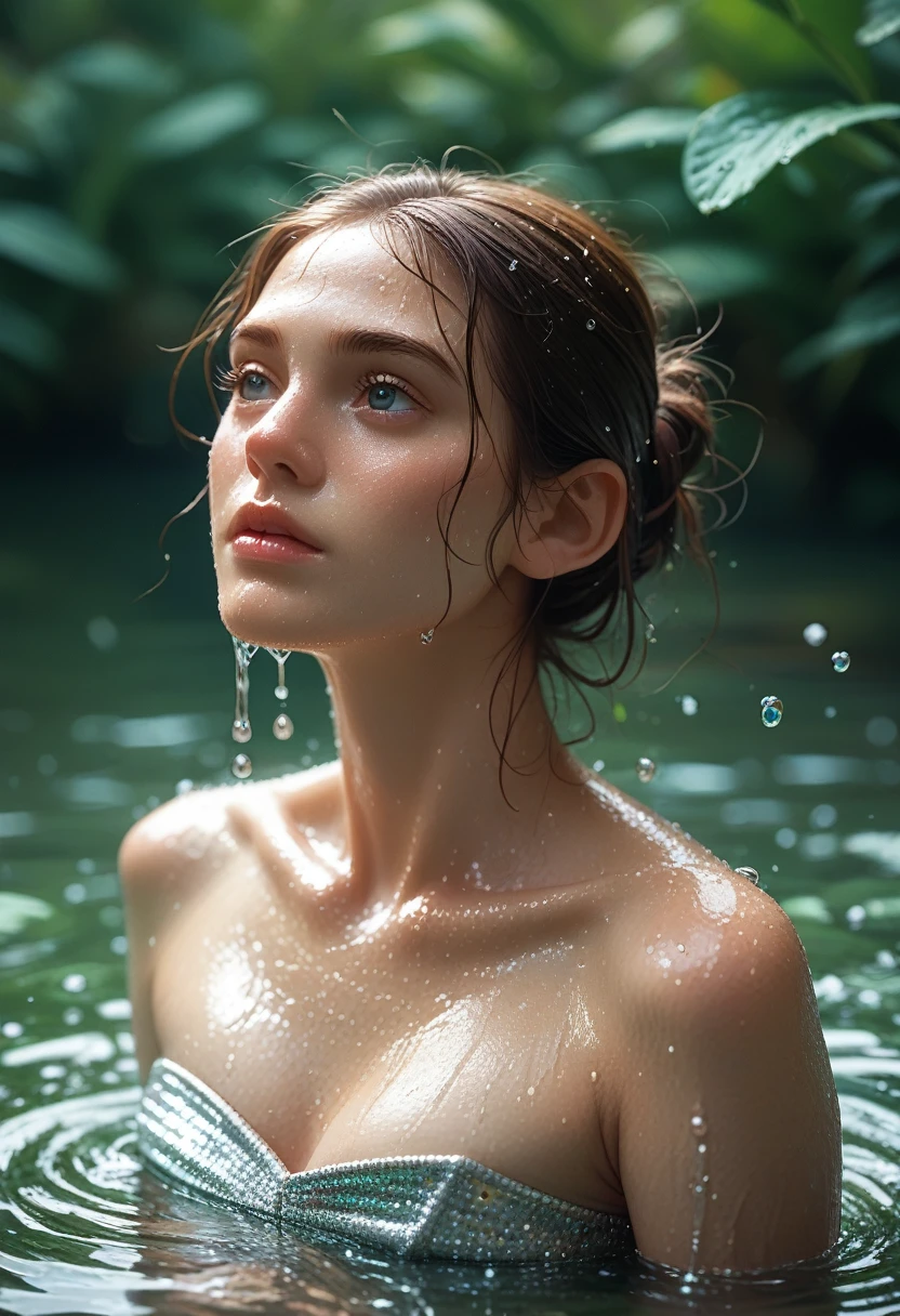 a woman in the water, mert and marcus, drops, kristine froseth, carola rubio, sequin top, frameless, freya, droplets, full shot photograph, wet amphibious skin, 