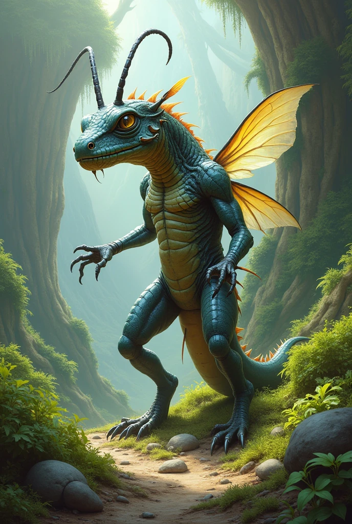 cool giant dragon, insect-like appearance, beetle exoskeleton, dragon wing bones, transparent wings like a dragonfly, forest inside a cave, large amount of amber spread at the dragon's feet,