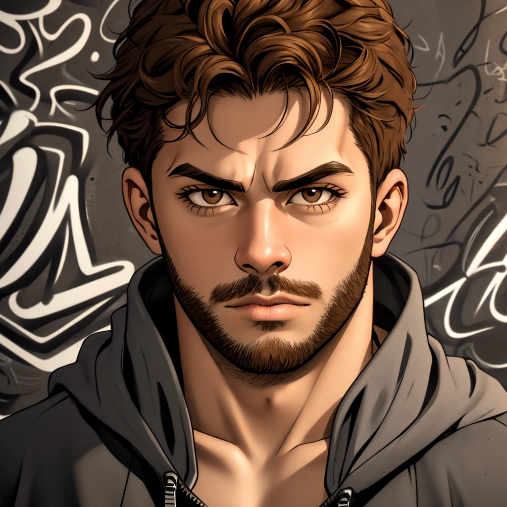 Close-up of A strong man, 30 years old, short light brown hair, natural brown eyes, serious expression, dressed in street-skate style, background with illustrations in graffiti and charcoal.