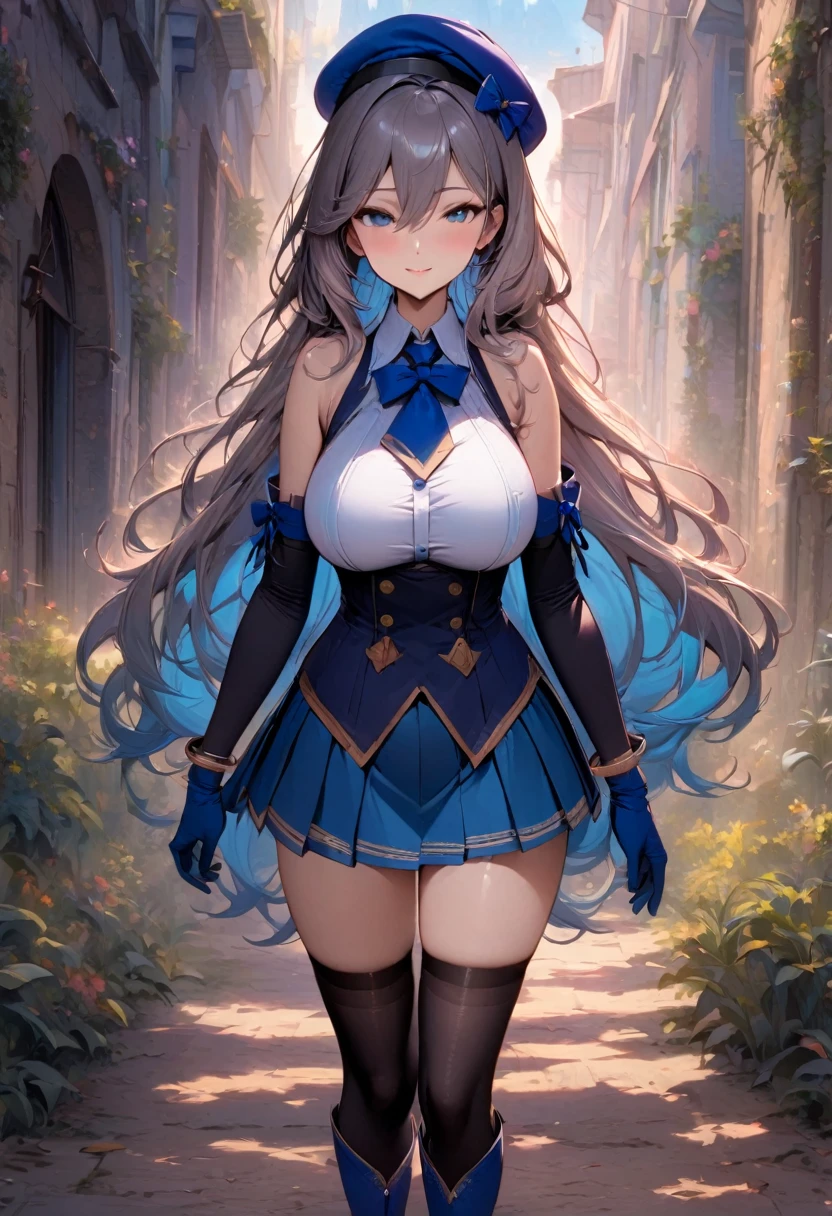 (masterpiece),(best quality),(ultra-detailed),(best illustration),(best shadow),(absurdres),(detailed background), 1girl, solo, thighhighs, hat, gloves, blue-eyes, blue-footwear, boots, beret, smile, breasts, skirt, full-body, blue-headwear, looking-at-viewer, black-thighhighs, standing, blue-skirt, pleated-skirt, very-long-hair, large-breasts, bare-shoulders, blue-gloves, closed-mouth, bow, sleeveless, shirt, detached-sleeves, necktie, knee-boots, zettai-ryouiki, blush, red-necktie, ribbon, elbow-gloves, blue-ribbon, blue-bow, thighhighs-under-boots, miniskirt, sleeveless-shirt, simple-background, hair-between-eyes, gray-hair, white-shirt, collared-shirt, bracelet, impossible-clothes, jewelry
