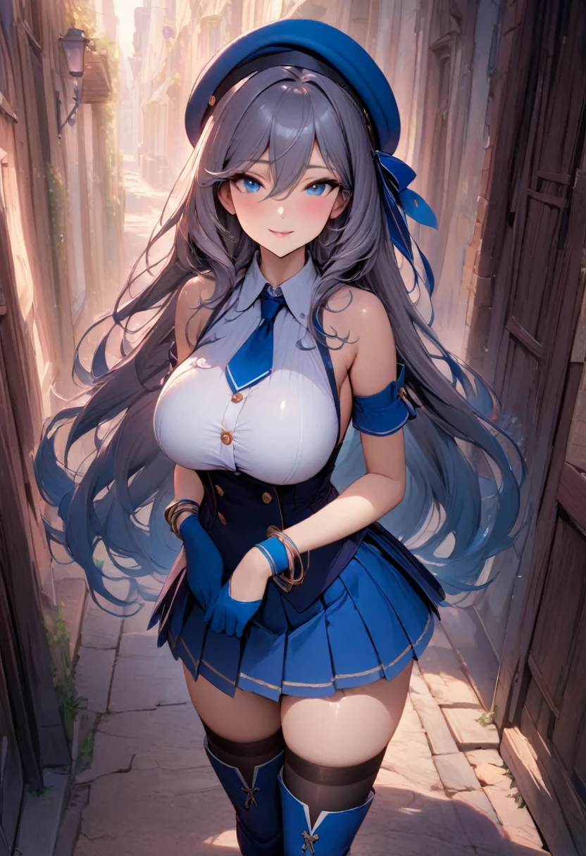 (masterpiece),(best quality),(ultra-detailed),(best illustration),(best shadow),(absurdres),(detailed background), 1girl, solo, thighhighs, hat, gloves, blue-eyes, blue-footwear, boots, beret, smile, breasts, skirt, full-body, blue-headwear, looking-at-viewer, black-thighhighs, standing, blue-skirt, pleated-skirt, very-long-hair, large-breasts, bare-shoulders, blue-gloves, closed-mouth, bow, sleeveless, shirt, detached-sleeves, necktie, knee-boots, zettai-ryouiki, blush, red-necktie, ribbon, elbow-gloves, blue-ribbon, blue-bow, thighhighs-under-boots, miniskirt, sleeveless-shirt, simple-background, hair-between-eyes, gray-hair, white-shirt, collared-shirt, bracelet, impossible-clothes, jewelry
