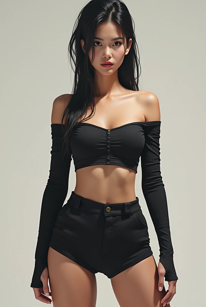 24-year-old Caucasian woman、Hair is brunette、Eye color is blue、Semi-long、Slender but well-proportioned muscular man、My abs are cracked、The belly button is out、a smile、I'm wearing a necklace、accessories on wrist、Wearing off-shoulder tops、I'm wearing low rise leggings、I'm wearing pin heels、At the photo studio Horizont、wearing a lace choker