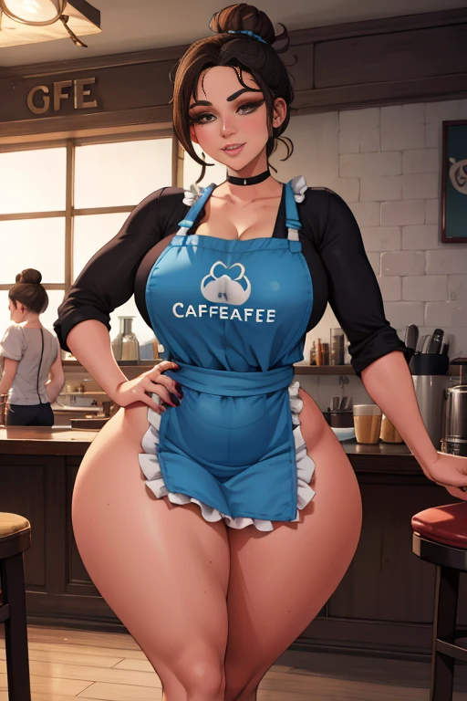 Sexy barista in tiny apron showing off her huge ass and plump camel toe: Gorgeous woman, luscious hair, sexy hair bun, large sexy detailed eyes with long eyelashes, full thick pouty lips, big gorgeous smile, huge massive hanging breasts, blushing face, tight frilly choker, tiny toned wasp waist, massive wide hips, huge round jiggly ass, very wide thigh gap, thick toned thighs, cafe, in love