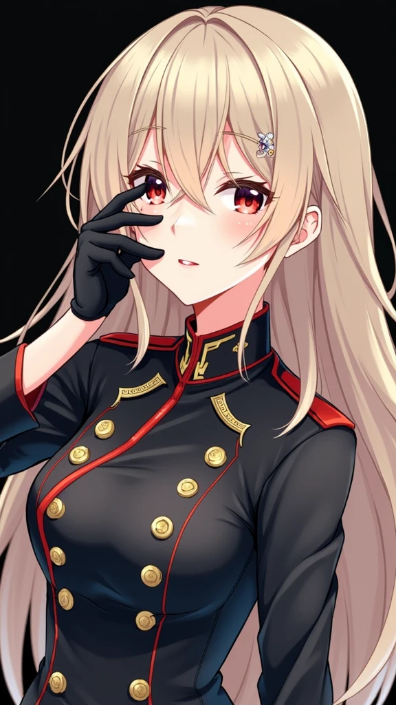 m((masterpiece, best quality)), (1girl), (solo), (female focus), female goth army officer, black leather german uniform, wearing army leather hat, strong makeup, large breasts, tall woman, black hair, red eyes, horns, deep shadows, constricted pupils, empty eyes, yandere, smile from corner of mouth