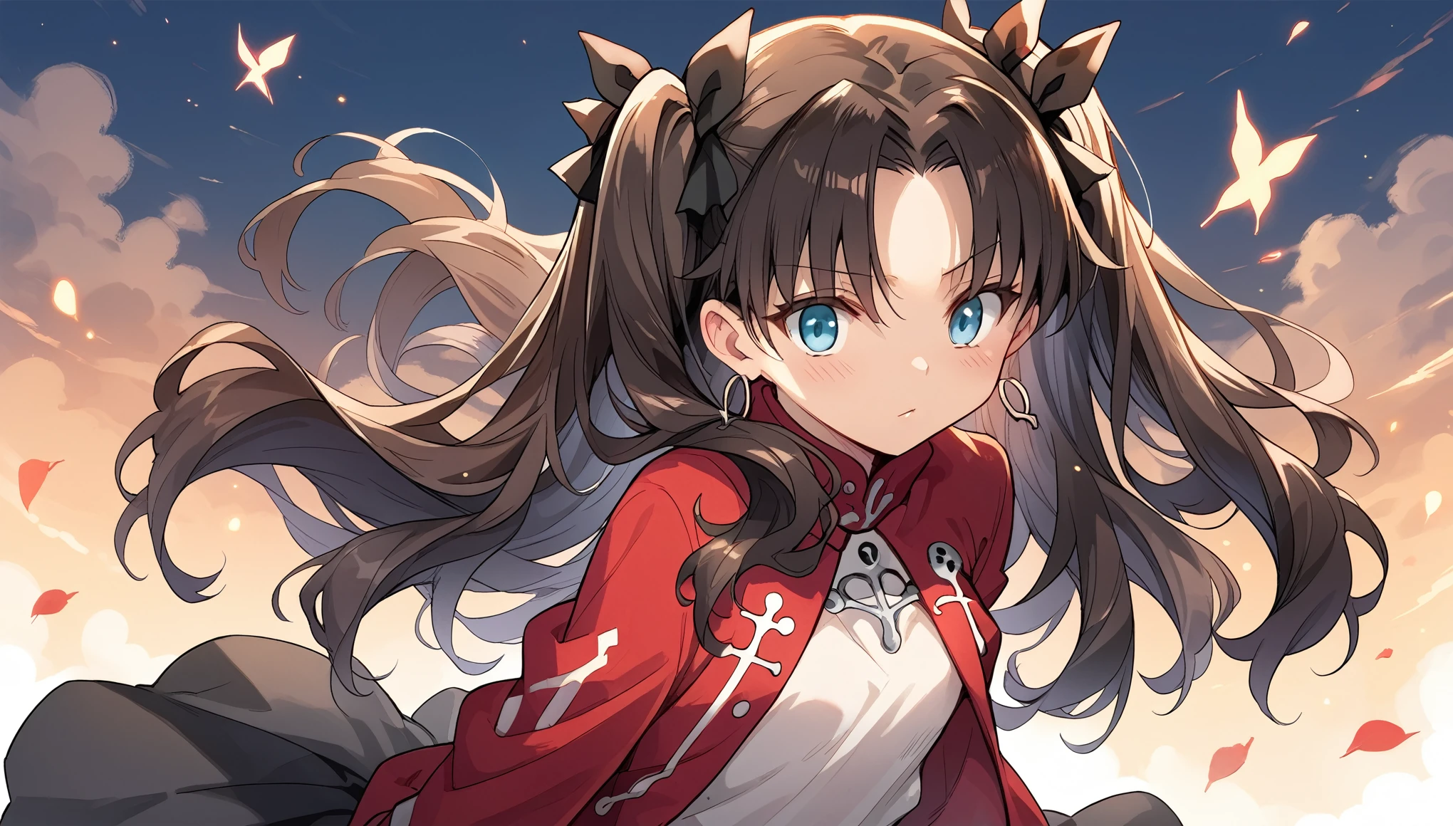 (masterpiece、top-quality:1.4)、(in 8K:1.3)、ultra-detailliert、Beautie、1girl in、(tohsaka-rin:1.3)、Twin-tailed、(extra detailed face:1.2)、a closeup、Blue eyes, Looking at the viewer, college girls, Breasts are big, A dark-haired, Black skirt