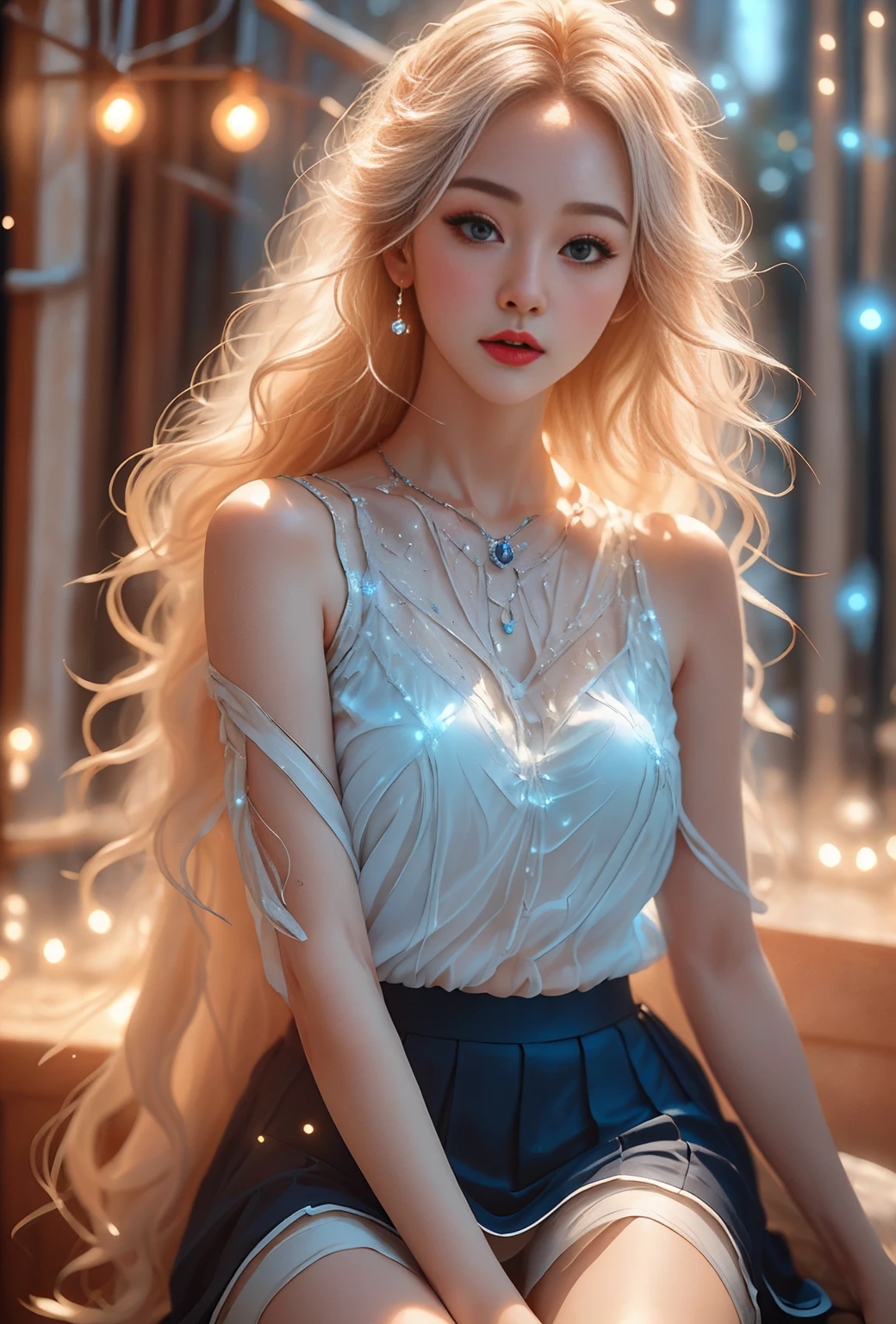 (Woman wearing a sleeveless shirt with white pleated trim and a red pleated skirt), surrealism, (Beautiful face_delicate features, Clear and pale skin), (light의 소녀_Body line made of transparent light-emitting body), (jewel_particle, 외곽line: 1.2), light_line, light, (light의 line으로 이루어진 소녀: 1.3, light의 line을 입고 있음), line의 밀도, (dazzling white blonde hair_Thick, wavy hair, light의 line), 직사광line이 있는 오렌지색 벽 앞에서 동적 포즈 포착, (Best quality, 16k, High resolution, masterpiece: 1.2), Very detailed, (More realistic details: 1.37), HDR Ultra HD, line명한 초점, Physically Based Rendering, Very detailed인 묘사, expert, Vivid colors