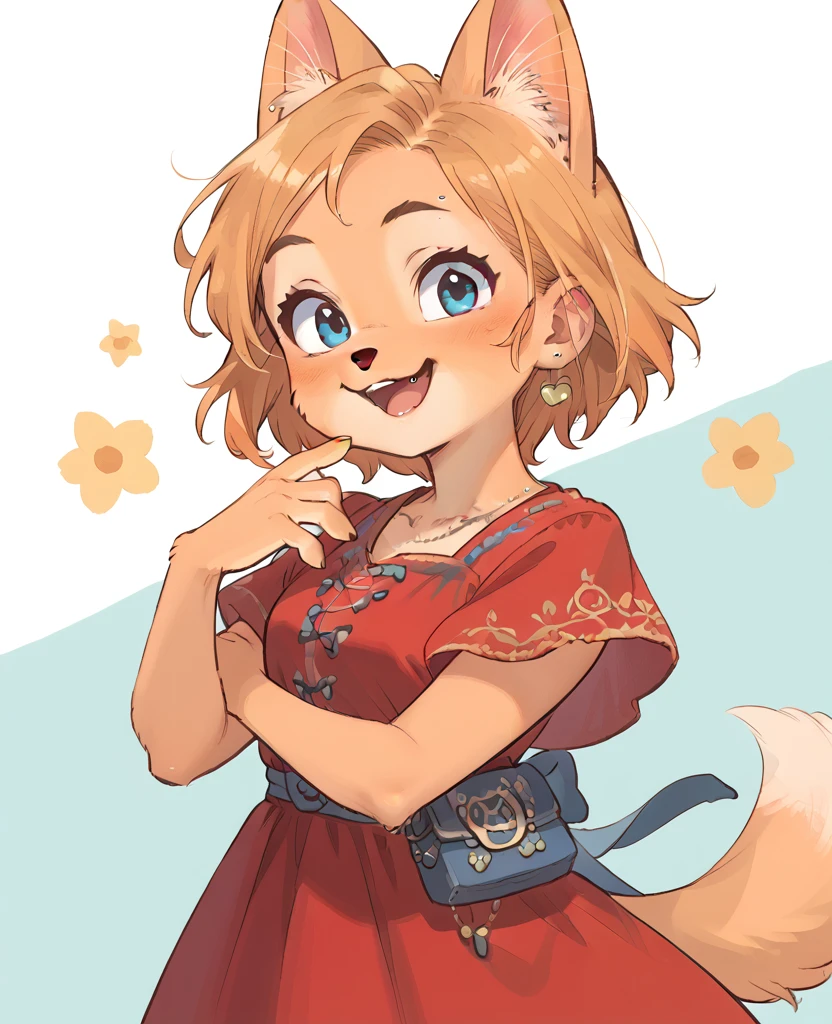 little fox, kid girlfox, with hair, blonde hair, short hair, ginger fur, blue eyes, cute kid, alone, face similar to Diane Foxington, kid, red dress, open mounth, happy, alone
