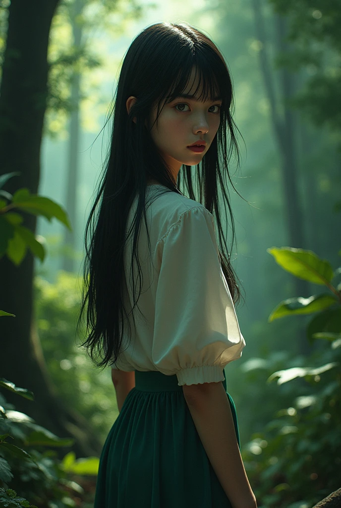 (best quality,4k,8k,highres,masterpiece:1.2),ultra-detailed,(realistic,photorealistic,photo-realistic:1.37),1girl,solo,kagomehigurashi,perfect eyes,perfect female body,medium breasts:1.5,bangs,black hair,long hair,brown eyes,cute,forest,beautiful atmosphere,detailed face,detailed hands,detailed clothing,detailed background,detailed lighting,detailed foliage,vibrant colors,warm lighting,cinematic composition