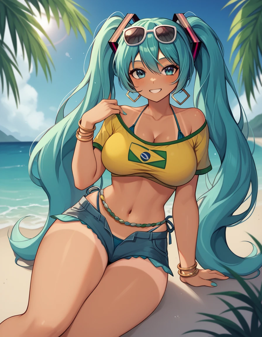 "A cheerful and vibrant Brazilian version of Hatsune Miku standing on the beach. She has long hair with two aqua colored pigtails., tanned skin with visible tan lines and wearing a tight yellow crop top with the Brazilian flag on it. She also has big breasts and thighs along with a big butt. She wears worn denim shorts and holds her breasts with her hands touching them gently.. Miku is smiling and wearing sunglasses on her head, with a tropical flower in her hair. The background features a sunny beach with a clear blue sky and palm trees.."
A cheerful Brazilian version of Hatsune Miku relaxes on the beach. Her long aqua hair is tied into two pigtails., Shining under the sun. Miku has tanned skin with visible tan lines., highlighting her curves, especially her big breasts which she shows without her uncensored bikini along with her thighs and butt.

She wears a yellow crop top with the Brazilian flag on it., which is raised she shows her uncensored breasts combined with a navy blue bikini. Worn denim shorts rest on her hips, complementing her beach look. Smile with a relaxed expression, while sunglasses rest on his head. On her ankle she wears an anklet with a green and white pattern., Matching a decorative belt in yellow. A tropical flower adorns her hair, and at least four gold bracelets shine on each of her arms.

The background is simple and sunny, perfect for a day at the beach, while Miku stands out as the center of attention, radiating Brazilian and summer energy.

