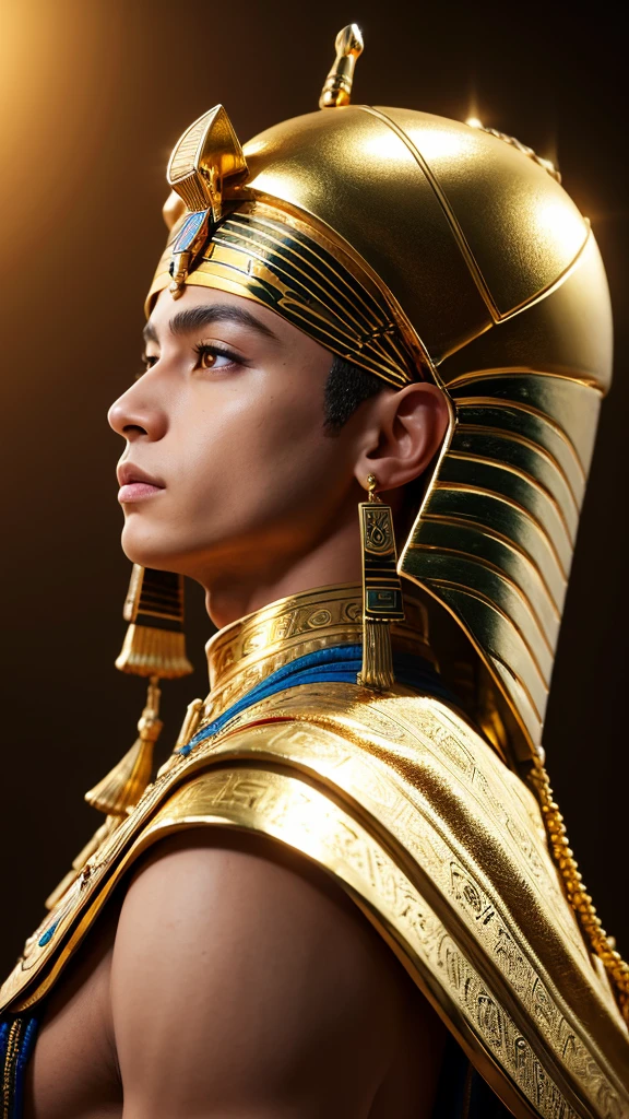 (High quality), (masterpiece), (detailed), 8K, Hyper-realistic illustration showcases a (Japanese boy1.2) with a serene expression, dressed in a fusion of (traditional Japanese attire1.3) and (Egyptian fantasy elements1.3). His (kimono1.3) features (hieroglyphic patterns1.3) and a (golden collar1.3) adorns his neck. (Tattooed Egyptian symbols1.2) on his exposed (upper body1.3) hint at ancient wisdom. (Soft lighting1.2) enhances the (cultural blend1.3).