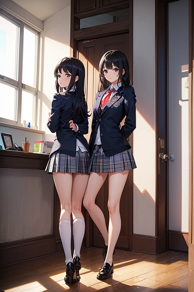 NSFW、Big Breasts、boyish、（Navy blue micro mini skirt、Navy Pleated Skirt、White mesh panties、Sailor suit summer uniform、Short sleeve、Yellow tie、White Short Socks）、独奏、Women&#39;s High生、Arms folded behind back、Spreading her legs:1.5、(Black Hair、Very Short Hair、boyishカット)、Crouch、Women&#39;s High、classroom
