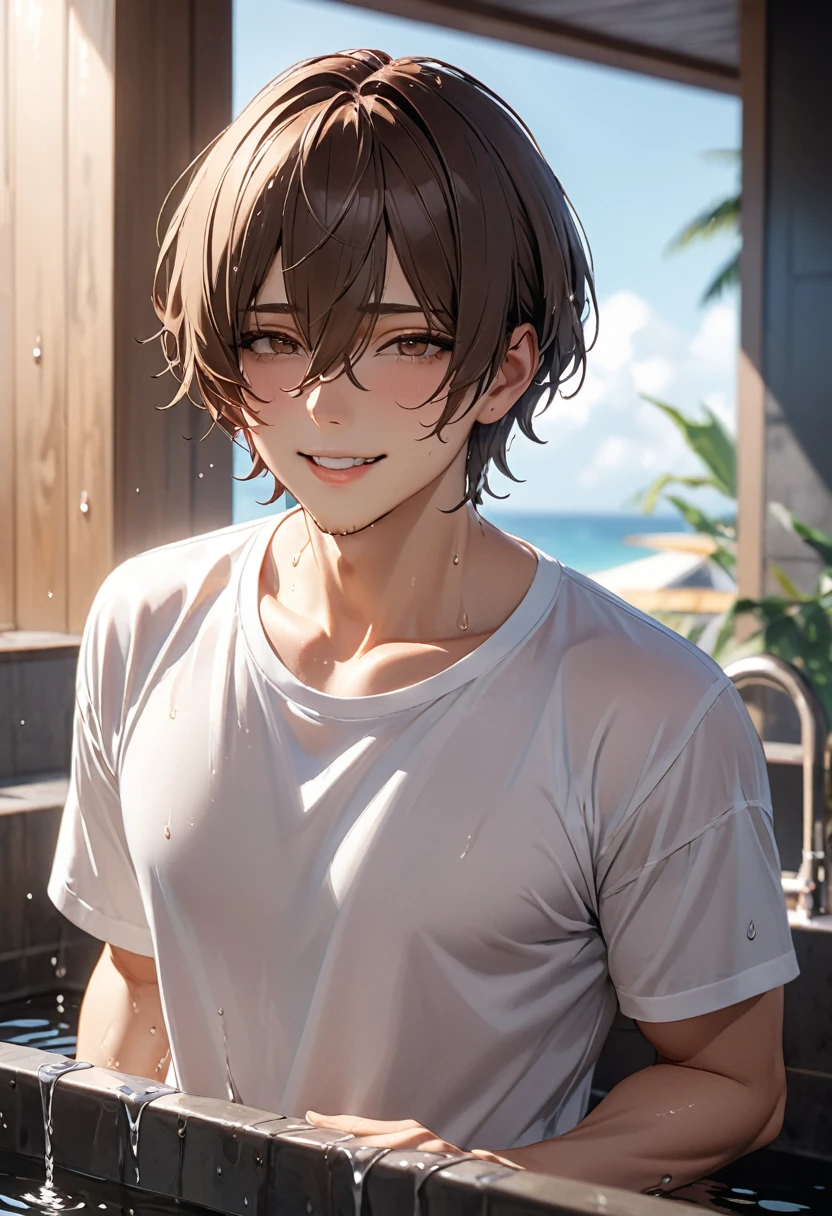 masterpiece, best quality, masterpiece, best quality, masterpiece, best quality, masterpiece, best quality, high quality,high detail, ultra detail, Uhd, 4k,4280x2240, depth field, (hdr:1.9), correct anatomy, a boy masculine with short hair black hair abundant brown eyes with complete spring outfit smile