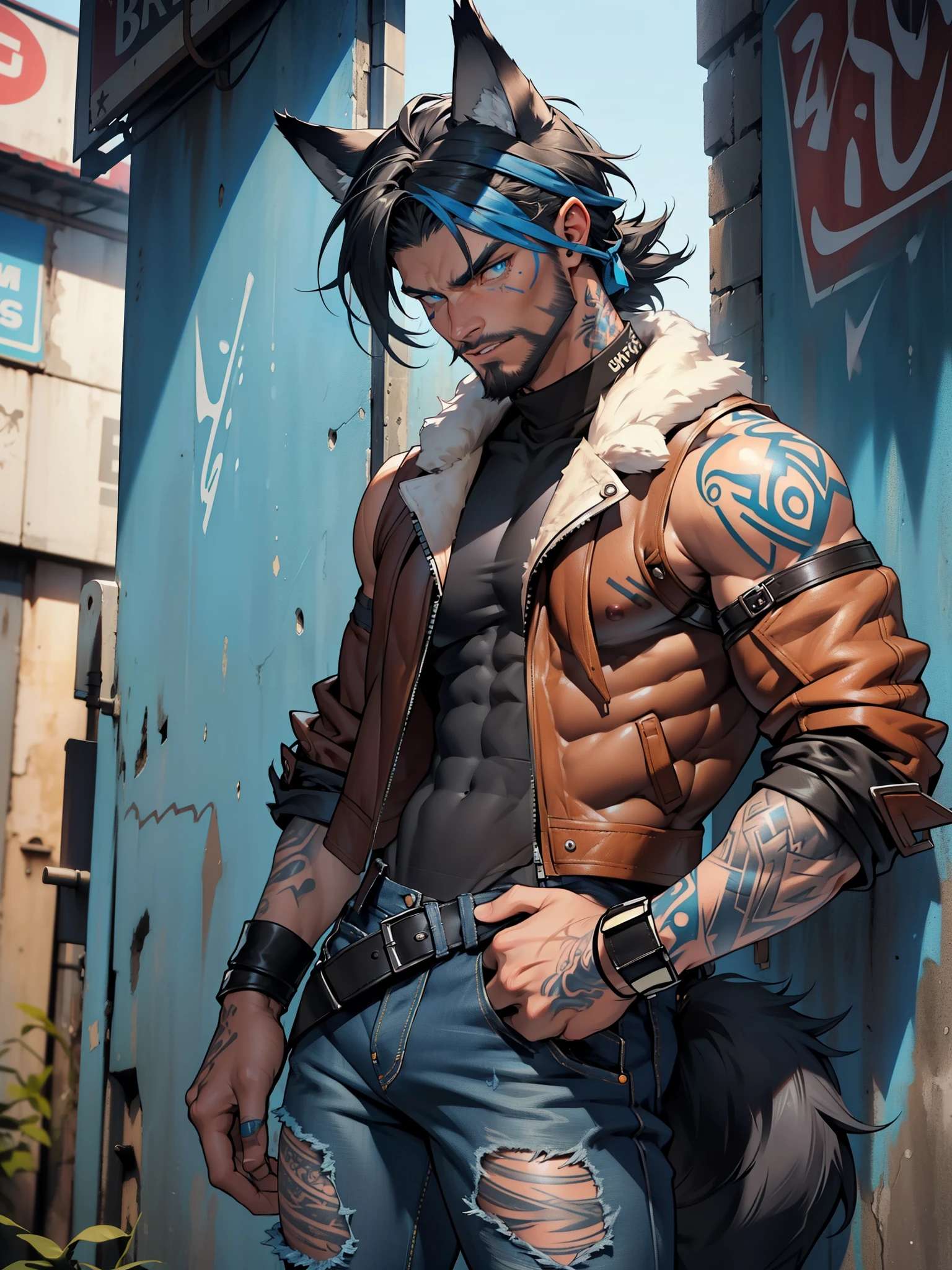 bad attitude, brooding, lowered head, masculine with short beard, body hair, ((dark tanned skin)), bulge, short cropped ombre hair, ((has wolf ears)), ((has wolf tail)), smoky grunge punk graffiti, bulge, wearing ((skintight black denim)) pants, sagging low on his hips, ((he is solo, he is alone)), has detailed glowing blue eyes, covered in ((blue tattoos)), wearing bandana and leather wrist bands, ((wearing a red shearling jacket)), muscular thighs
