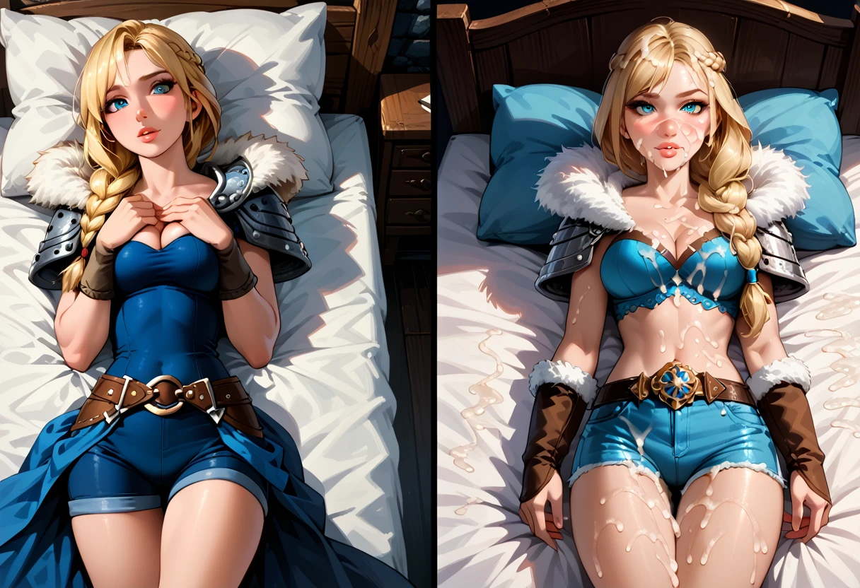 Dark Fantasy Art of score_9, score_8_up, score_7_up, rating_explicit, fantasy, lighting, epiCPhoto 1girl, solo, very sexy (ASTRIDHOFFERSON, blonde hair, braid, Long hair, blue eyes, fur trim, shoulder armor, armor, pauldron:1.2), cleavage, flirt, gaze, sexy look, half-closed eyes, head tilt, filled lips, thick lips, makeup, (interspecies, anthro:1.3), tall muscular dragon, tight shorts, modelling shoot, in bed, laying together, dark, moody, dark fantasy style, (midnight, moonless night:1.1). Bukkake, before and after, cum on face, cum, bukkake, two frames