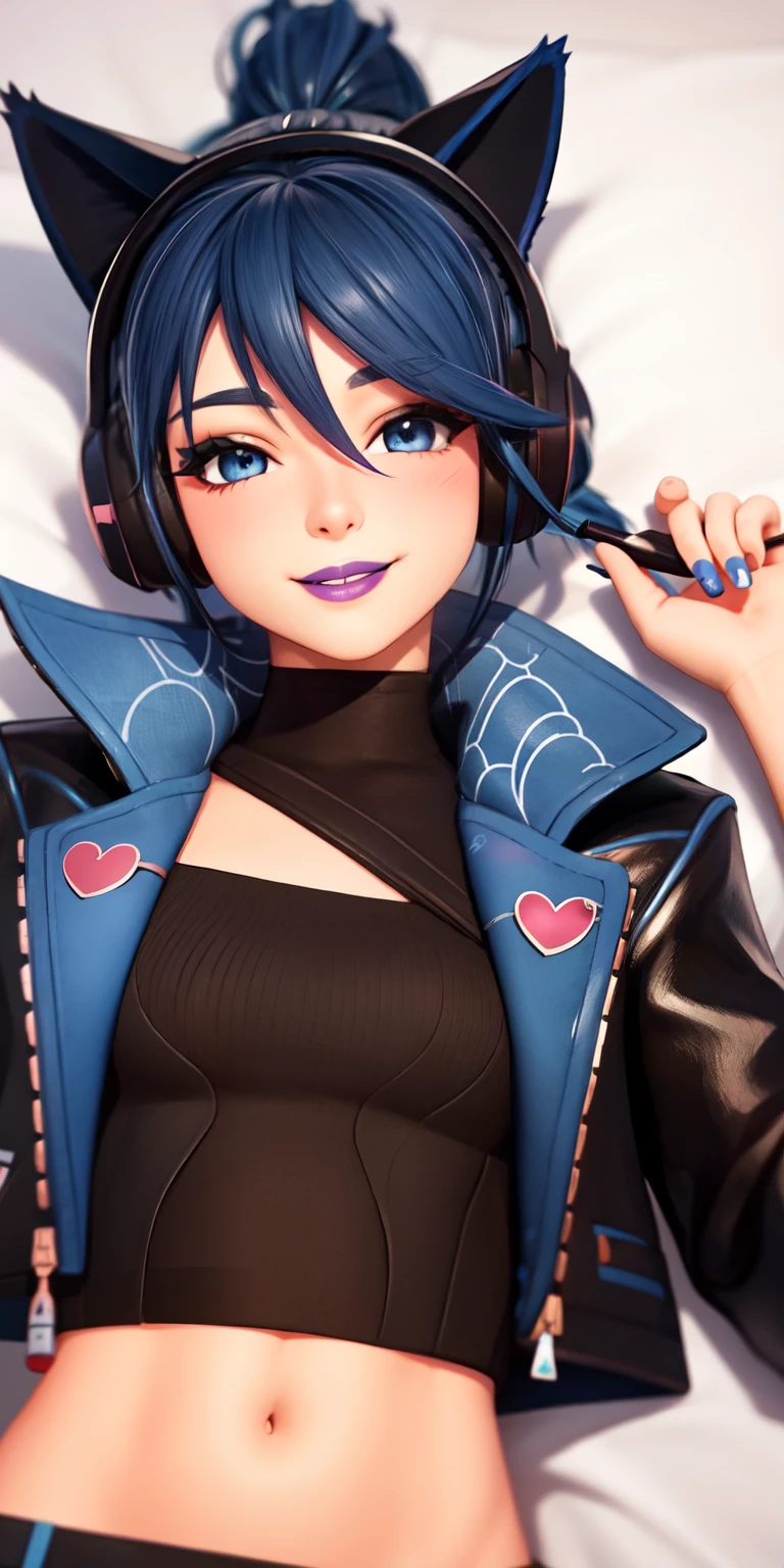 Lying on bed, 1girl,blue hair, ponytail, blue eyes, eyeshadow, (blush:1.1),upper body, heart,(speed lines:1.1), heart, black jacket, jacket crop top, navel cat ears headphones, black crop top, purple lips, smile, looking at viewer, facing viewer, wink