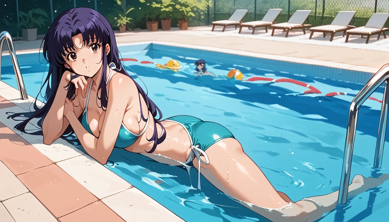 A cartoon image of a woman in a bikini standing in a swimming pool, seductive anime girl, Mayuri Shiina, Fubuki, breasts, Marin Kitagawa Fanart, swimsuit mojado, lleva un swimsuit, Misato Katsuragi, Rei Hiroe, swimsuit, blue bikini, Akane Tendou , ecchi, ecchi anime style, sensual