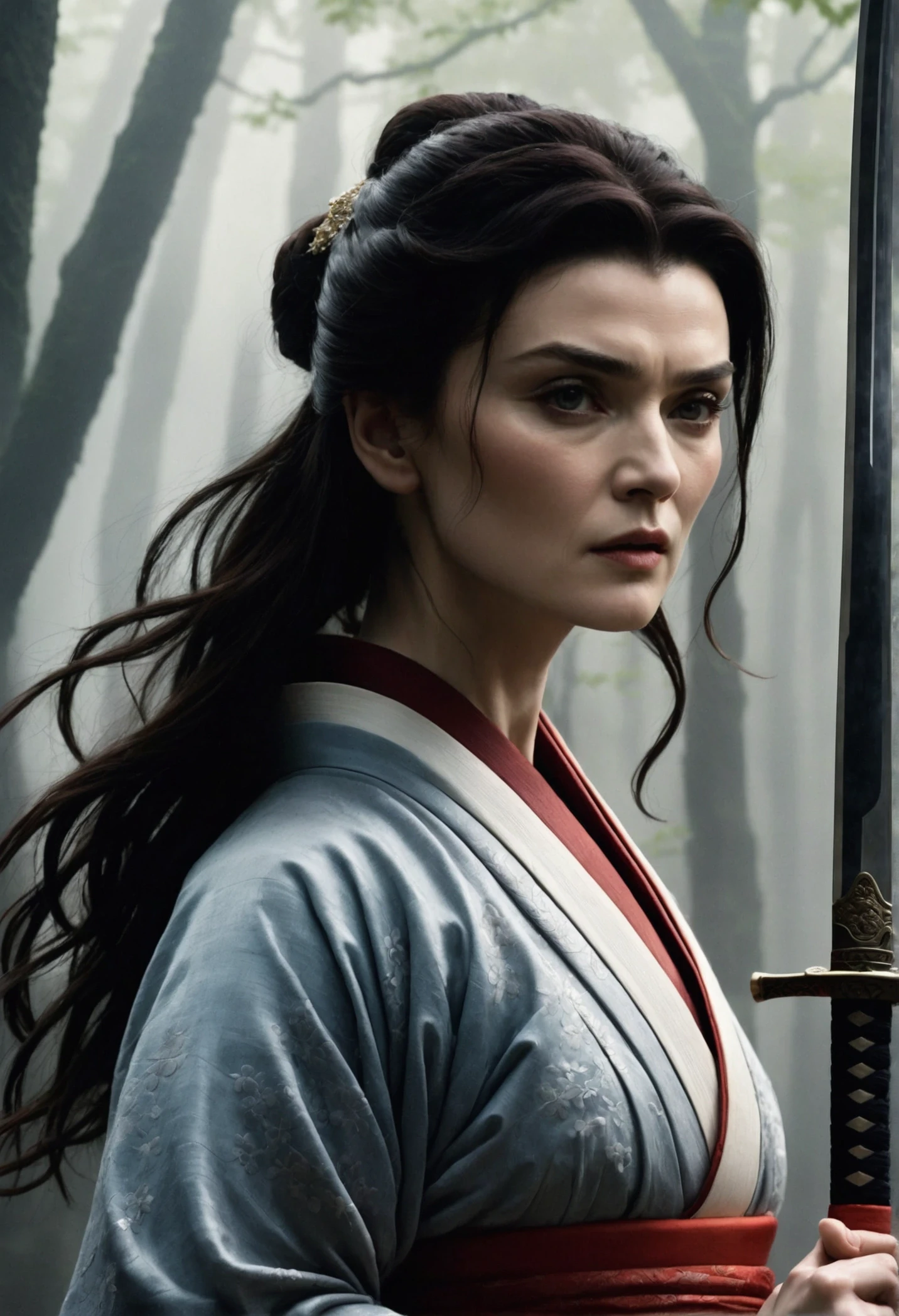 The enigmatic samurai woman (Rachel Weisz) wielding a long Japanese sword, Splitting with each powerful slash、Enveloped in the mist that obscures vision, Revealing a vivid and otherworldly scene, The clarity of the sword's slash against the hazy background, Mysterious Background, The white fox's sharp gaze met the viewer's., A layer of ethereal mist shrouding the foreground, Piercing, clear eyes, An exquisite and detailed kimono, Dramatic lighting and colors