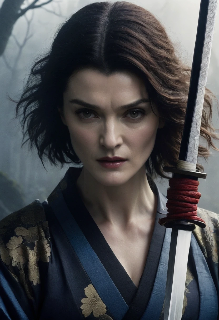 The enigmatic samurai woman (Rachel Weisz) wielding a long Japanese sword, Splitting with each powerful slash、Enveloped in the mist that obscures vision, Revealing a vivid and otherworldly scene, The clarity of the sword's slash against the hazy background, Mysterious Background, The white fox's sharp gaze met the viewer's., A layer of ethereal mist shrouding the foreground, Piercing, clear eyes, An exquisite and detailed kimono, Dramatic lighting and colors