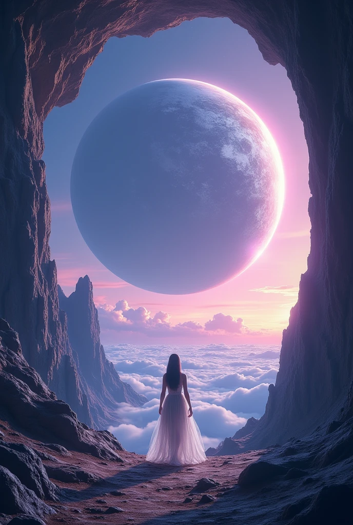 Celestial Gardens: A realm where gardens float among the stars, each planet a vibrant mosaic of flowers. A stunning girl in a gown of stardust and pearls wanders among these celestial blooms, her skin sparkling like the night sky. Make it heyper realistic 3 images hd sharp image make it more imaginary 