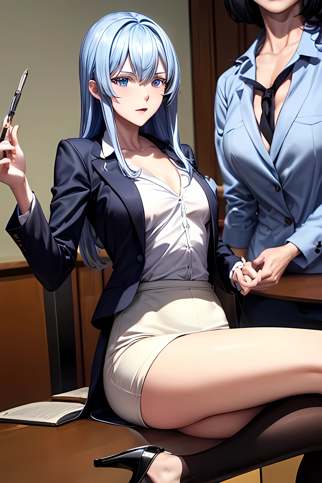 masterpiece,Office,Blue Hair、,Black jacket,White shirt,The chest is exposed,Spread your legs,M-foot:1.6,Job hunting suit:1.5,Ahega,Sexual climax:1.5, Pencil Skirt,High heels