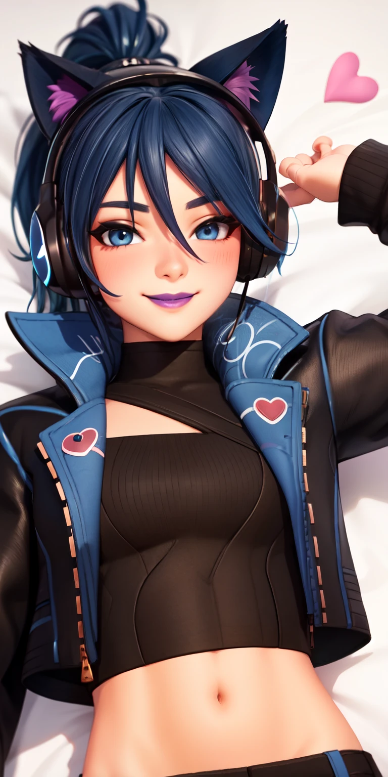 Lying on bed, 1girl,blue hair, ponytail, blue eyes, (eyeshadow1:1), (blush:1.1),upper body, heart,(speed lines:1.1), heart, black jacket, jacket crop top, navel cat ears headphones, black crop top, purple lips, smile, looking at viewer, facing viewer, wink