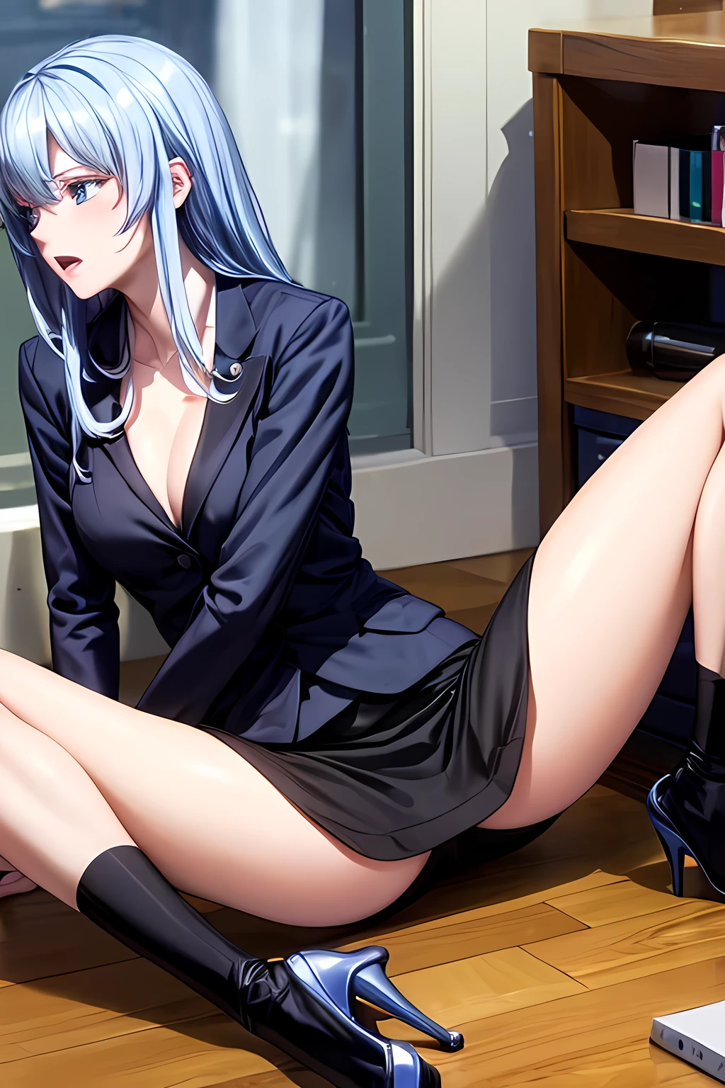 masterpiece,Office,Blue Hair、,Black jacket,White shirt,The chest is exposed,Spread your legs,M-foot:1.6,Job hunting suit:1.5,Ahega,Sexual climax:1.5, Pencil Skirt,High heels