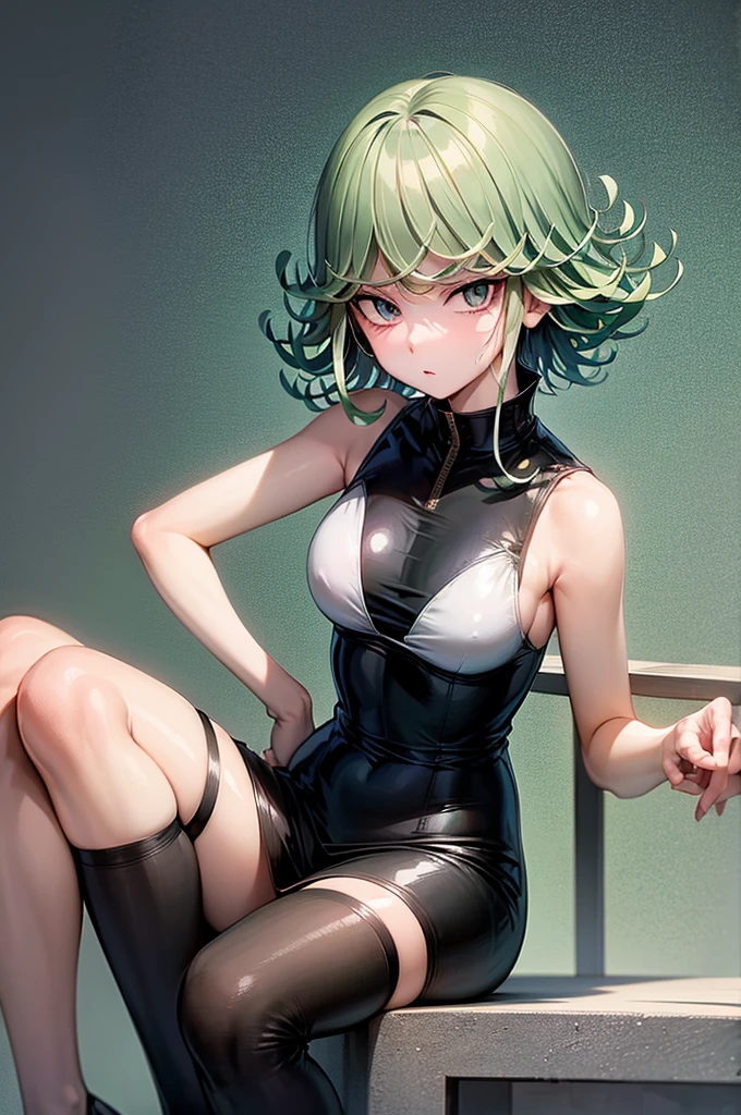 (masterpiece, Highest quality:1.2), alone, One girl, Very cute face、Tatsumaki, Sitting, Crossing your legs, slender、Black leotard, 