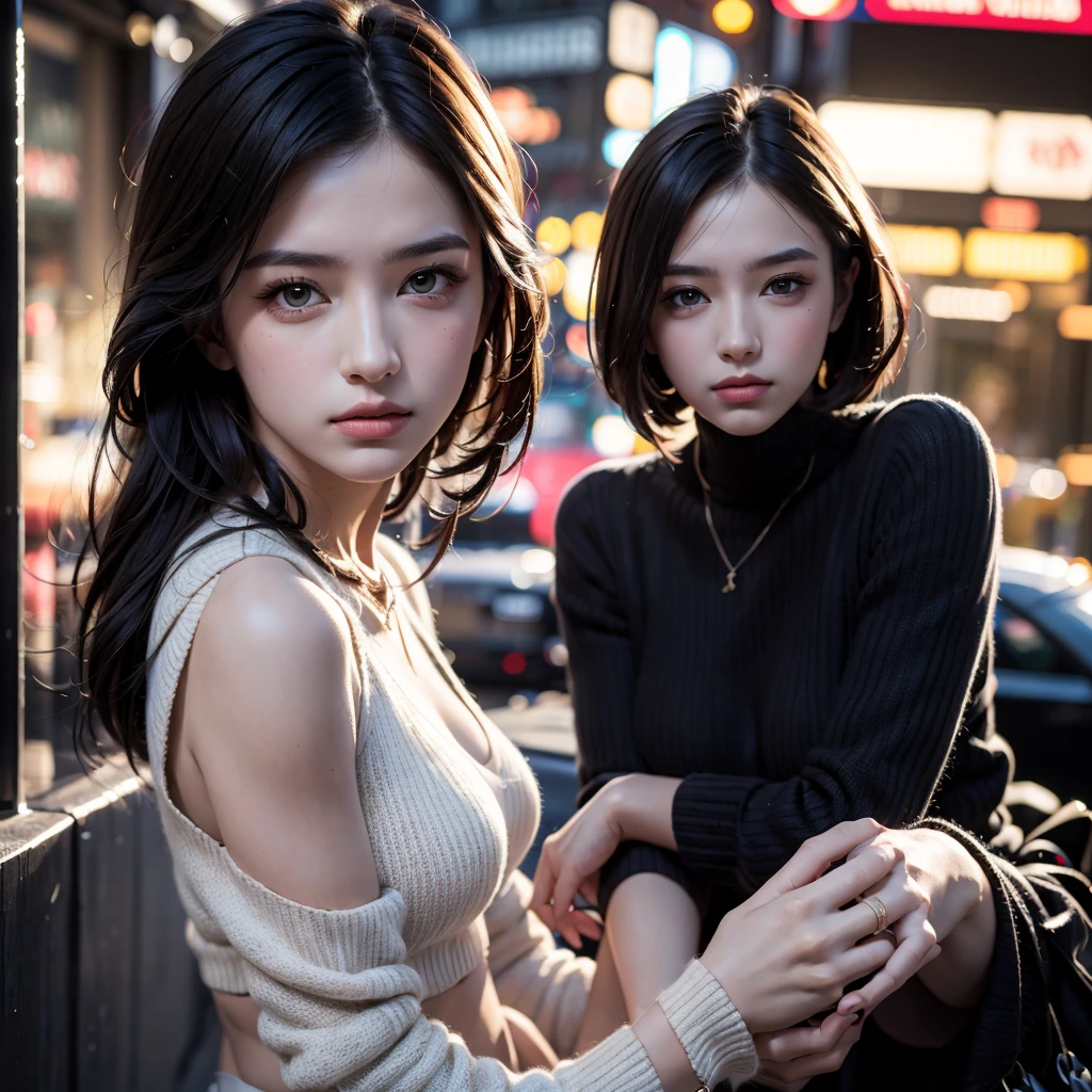 Best quality, masterpiece, ultra high res, (photorealistic:1.5), raw photo, 1girl, offshoulder, in the dark, deep shadow, low key, cold light, sexy look, short hair、Drinking wine at a restaurant with a beautiful night view