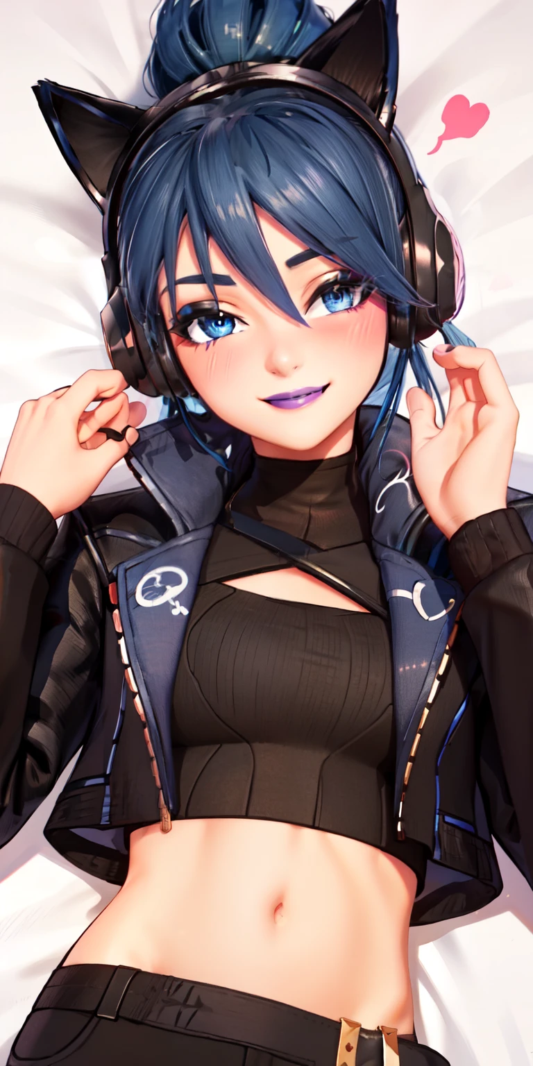 Lying on bed, 1girl,blue hair, ponytail, blue eyes, (eyeshadow1:1), (blush:1.1),upper body, heart,(speed lines:1.1), heart, black jacket, jacket crop top, navel cat ears headphones, black crop top, purple lips, smile, looking at viewer, facing viewer, wink