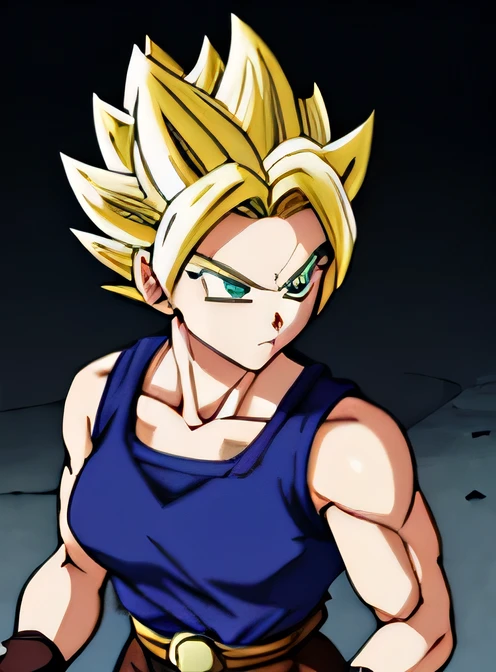 the female character Caulifla in a dynamic and powerful pose. Caulifla is a strong and muscular Super Saiyan, Known for her confident and defiant attitude. She has an athletic and muscular physique, demonstrating strength and agility. (medium bust), Your skin is white, ((and his eyes are large blue and expressive blue in color)), that convey determination and courage. ((blue colored eyes)). ((yellow aura around her)).
((Caulifla&#39;s hair is a striking feature: It&#39;s yellow golden hair, spiky and rises into jagged peaks)). ((She wears a set of traditional Saiyan combat clothing., consisting of a short red top that shows off her defined abdomen and long purple pants)). ((Purple pants)), Complete the look with brown combat boots.
Add details like dark gray metal bracelets on both wrists.. Your expression should be fierce and confident, with a defiant smile on his face. The pose should reflect your combative personality, perhaps with a clenched fist or a stance ready to attack.
The background could be a battle scene, like a rocky training ground or a destroyed arena, with debris and dust in the air, further highlighting the intensity of the character. Lighting should be dramatic, with shadows accentuating his muscles and the sparkle in his eyes reflecting his energy and determination.