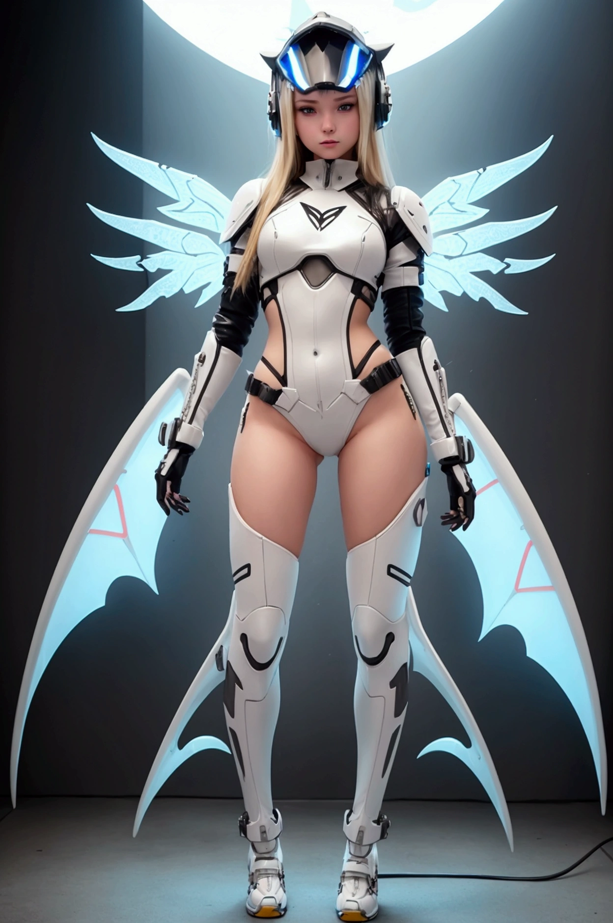 masterpiece, best quality, highres, extremely detailed 8k wallpaper, very clear, a photo with (film grain) of a (young:0.9) girl with perfect medium breasts and poofy hair, white hair, short hair, white eyes, (realistic face, perfect eyes, perfect face:1.1), goth makeup, winged eyeliner, choker, outside, simple background, mechanical body suit, armor suit, gundam, wings, flying parts, holding a helmet, full body shot