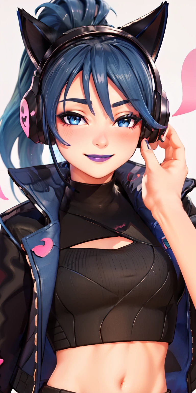 1girl,blue hair, ponytail, blue eyes, (eyeshadow1:1), (blush:1.1),upper body, heart,(speed lines:1.1), heart, black jacket, jacket crop top, navel cat ears headphones, black crop top, purple lips, smile, looking at viewer, facing viewer, wink, hands on cheeks, pov